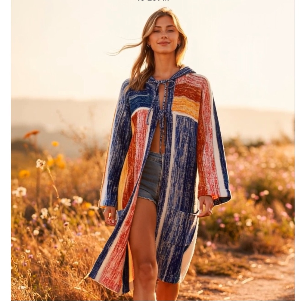 🧚‍♀️SOLD🧚‍♀️ 70s Organically Grown by Arpeja Hooded Lurex Knit Duster Cardigan